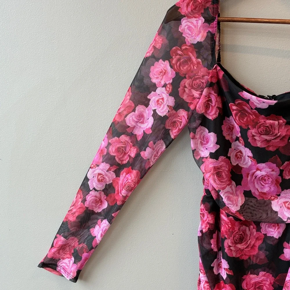 City Triangles Black Pink Floral Long Sleeve Mini Dress, XL - Picture 5 of 8